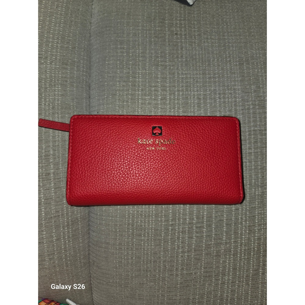 W1. Kate Spade New York Red Pebbled Leather Bifold Slim Wallet with ID Window